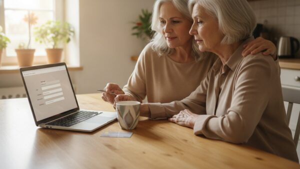 pflegehilfsmittel 3 Angehörige füllt den Antrag auf Pflegehilfsmittel am Laptop aus