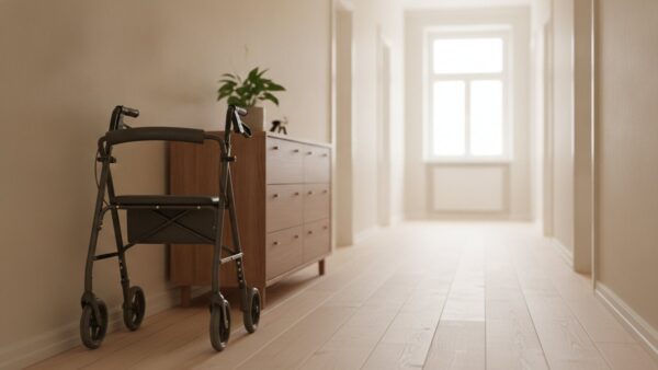 pflegereform 2027 bild 3 Grauer Rollator an der Wand eines hellen Wohnungsflurs neben einer Holzkommode mit Pflanze und Schlüsselbund