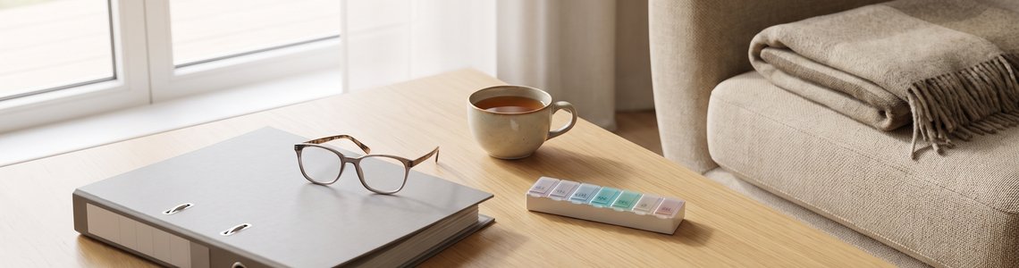 Wohnzimmertisch mit Aktenordner, Lesebrille, Teetasse und unbeschriftetem Pillenspender neben einem Sessel mit Wolldecke