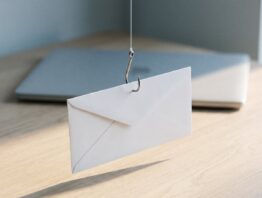 Angelhaken hält einen leeren Briefumschlag über einem Schreibtisch als Symbol für Phishing