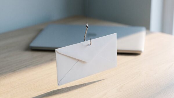phishing geld zurueck bild 1 Angelhaken hält einen leeren Briefumschlag über einem Schreibtisch als Symbol für Phishing