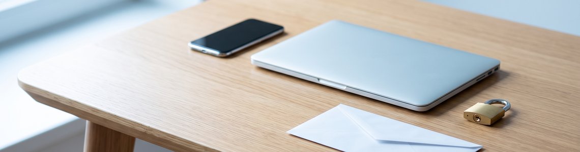 Schreibtisch mit zugeklapptem Laptop, umgedrehtem Smartphone, Briefumschlag und Vorhängeschloss