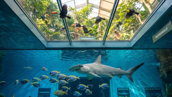 planet zoo 2 bild 1 Zoo-Aquarium mit Hammerhai und Fischschwarm unter einer Voliere mit fliegenden Tukanen