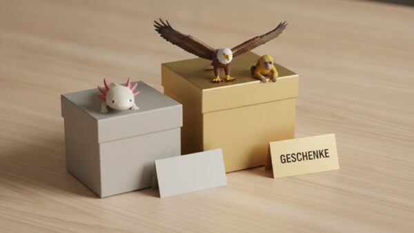 planet zoo 2 bild 2 Kleine graue und größere goldene Geschenkbox, aus der goldenen schauen Axolotl-, Adler- und Äffchenfiguren