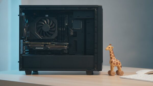 planet zoo 2 bild 3 Geöffneter Gaming-PC mit Grafikkarte, Arbeitsspeicher und SSD, daneben eine kleine Giraffenfigur