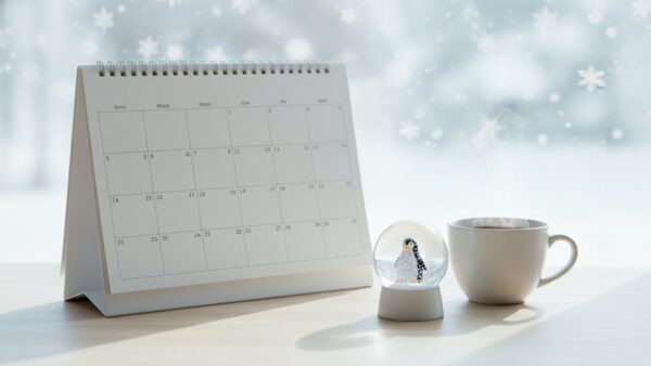 planet zoo 2 bild 4 Leerer Papierkalender, Schneekugel mit Pinguin und Teetasse auf einem Schreibtisch im Winter