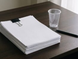 Stapel unbedruckter Papierseiten mit Büroklammer neben einem leeren Kunststoffbecher als Symbol für den Gesetzentwurf zur Plastiksteuer