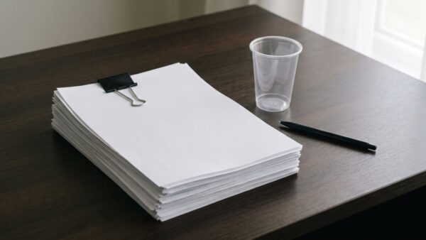 plastiksteuer bild 1 Stapel unbedruckter Papierseiten mit Büroklammer neben einem leeren Kunststoffbecher als Symbol für den Gesetzentwurf zur Plastiksteuer