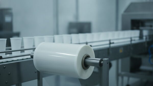 plastiksteuer bild 2 Rolle transparenter Kunststofffolie in einer Produktionshalle, dahinter ein Förderband mit unbedruckten Bechern