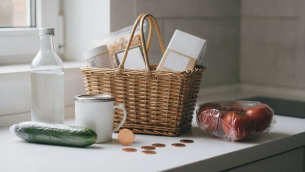 plastiksteuer bild 3 Einkaufskorb mit in Kunststoff verpackten Lebensmitteln ohne Etikett, daneben einige Kupfermünzen