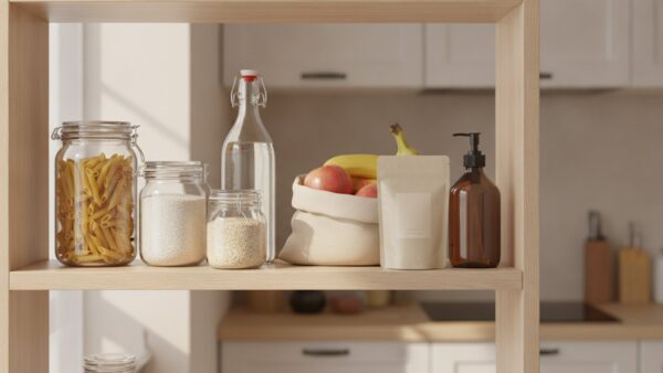 plastiksteuer bild 4 Küchenregal mit Vorratsgläsern, Glasflasche, Stoffbeutel mit Obst und einem Nachfüllbeutel neben einem Seifenspender