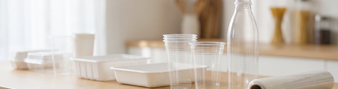 Leere, unbedruckte Kunststoffverpackungen wie Becher, Schalen und eine Flasche auf einem hellen Küchentresen