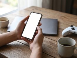 Smartphone, Laptop und Gamecontroller auf dem Tisch beim Online-Einkauf