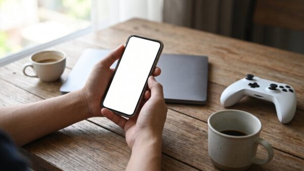 playstation direct bild 1 Smartphone, Laptop und Gamecontroller auf dem Tisch beim Online-Einkauf