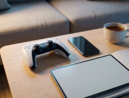 Gamecontroller, Smartphone und Notebook auf einem Wohnzimmertisch als Symbol für die Anmeldung am PlayStation-Konto