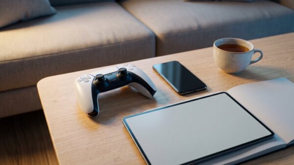 playstation login bild 1 Gamecontroller, Smartphone und Notebook auf einem Wohnzimmertisch als Symbol für die Anmeldung am PlayStation-Konto
