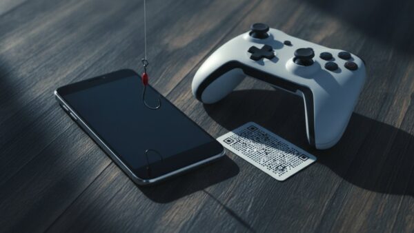 playstation login bild 4 Angelhaken über einem Smartphone neben einem Controller und einer Karte mit Punktmuster als Symbol für Phishing und QR-Code-Betrug bei PlayStation