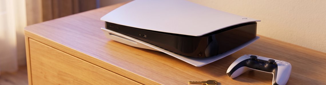 Weiße Spielkonsole, Controller, Smartphone und ein goldener Schlüssel auf einem Lowboard als Symbol für den PlayStation Login