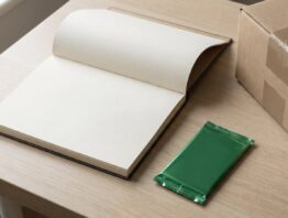 Leerer Tischkalender neben einem versiegelten Sammelkarten-Booster und einem Versandkarton