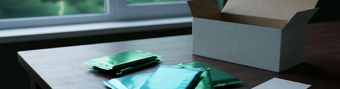Versiegelte Sammelkarten-Booster in grüner Folie auf einem Holztisch vor einem Gewitterhimmel
