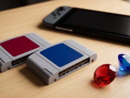 pokemon rubin saphir switch bild 1 Zwei unbeschriftete Spielmodule mit rotem und blauem Etikett neben einem roten und einem blauen Glasstein, Symbolbild für Pokémon Rubin und Saphir