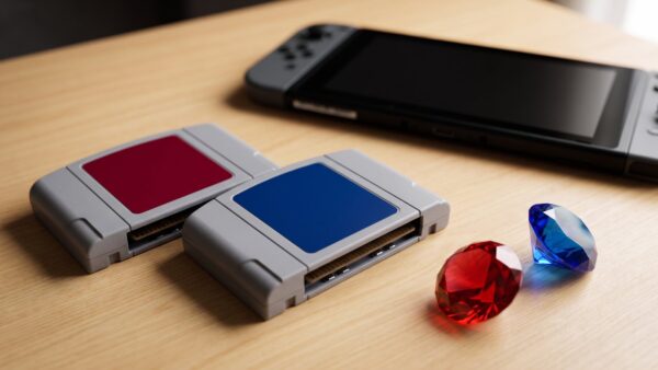 Zwei unbeschriftete Spielmodule mit rotem und blauem Etikett neben einem roten und einem blauen Glasstein, Symbolbild für Pokémon Rubin und Saphir