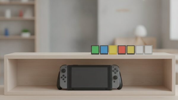Reihe unbeschrifteter Spielmodule mit farbigen Etiketten auf einem Regal, zwei Plätze sind leer, davor eine moderne Hybrid-Konsole