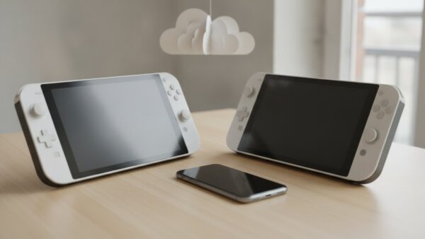 Zwei Hybrid-Konsolen liegen sich gegenüber, dazwischen ein Smartphone, im Hintergrund eine Papierwolke als Symbol für den Cloud-Dienst