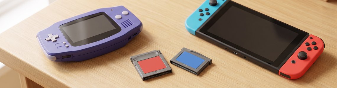 Alter Handheld, zwei unbeschriftete Spielmodule mit rotem und blauem Etikett und eine moderne Hybrid-Konsole auf einem Holzschreibtisch