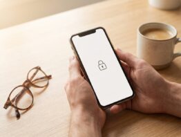 Hände halten am Küchentisch ein Smartphone mit Schloss-Symbol auf dem Display