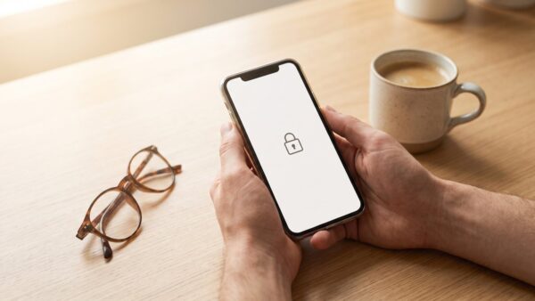 postcode lotterie login bild 1 Hände halten am Küchentisch ein Smartphone mit Schloss-Symbol auf dem Display
