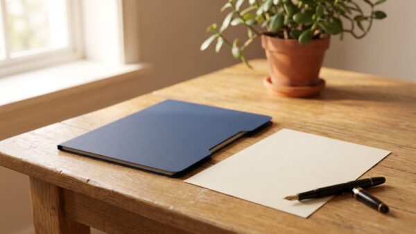 postcode lotterie login bild 3b Aktenordner, leeres Formular und Füller auf einem Holztisch, daneben eine Zimmerpflanze