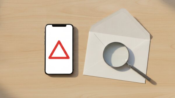 postcode lotterie login bild 4 Smartphone mit rotem Warndreieck neben einem geöffneten Briefumschlag und einer Lupe