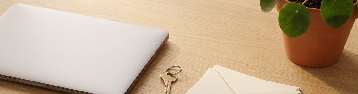 Schreibtisch mit zugeklapptem Notebook, Schlüsselbund, Briefumschlägen und Grünpflanze