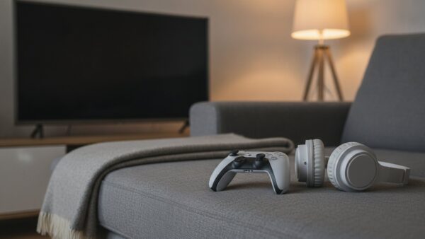 Weißer Controller, Kopfhörer und Wolldecke auf einem grauen Sofa vor einem ausgeschalteten Fernseher
