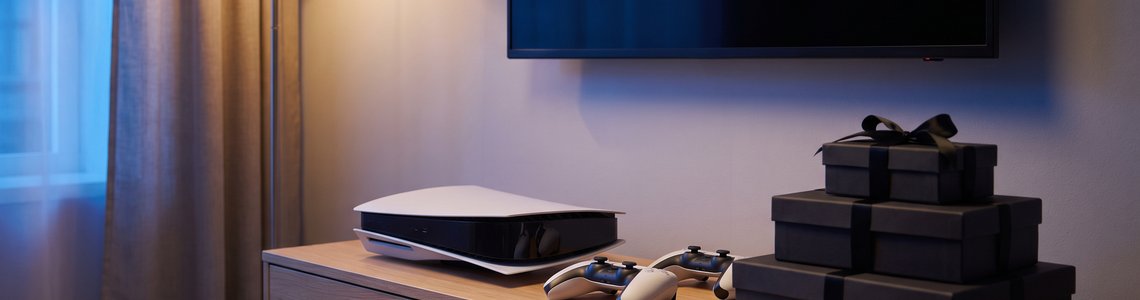 Weiße Spielkonsole mit zwei Controllern und dunklen Geschenkkartons auf einem Lowboard im abendlichen Wohnzimmer