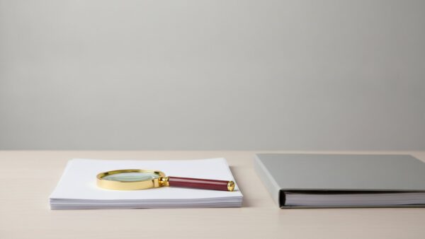Messinglupe auf leeren Papierbögen neben einem Aktenordner als Symbol für die Kreditwürdigkeitsprüfung