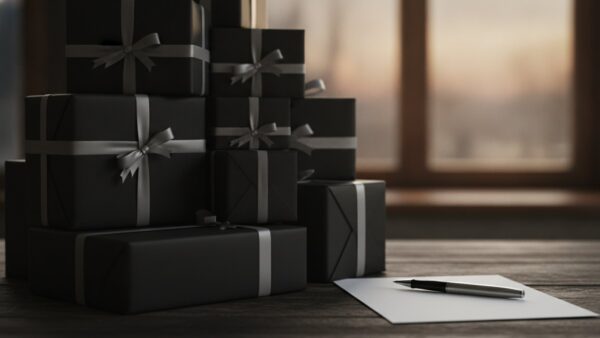 Schwarz verpackte Geschenkkartons neben einem leeren Blatt Papier als Symbol für die Black Week