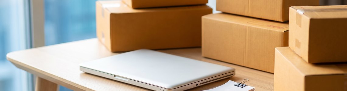 Holztisch mit ungeöffneten Versandkartons, zugeklapptem Laptop und leeren Belegen