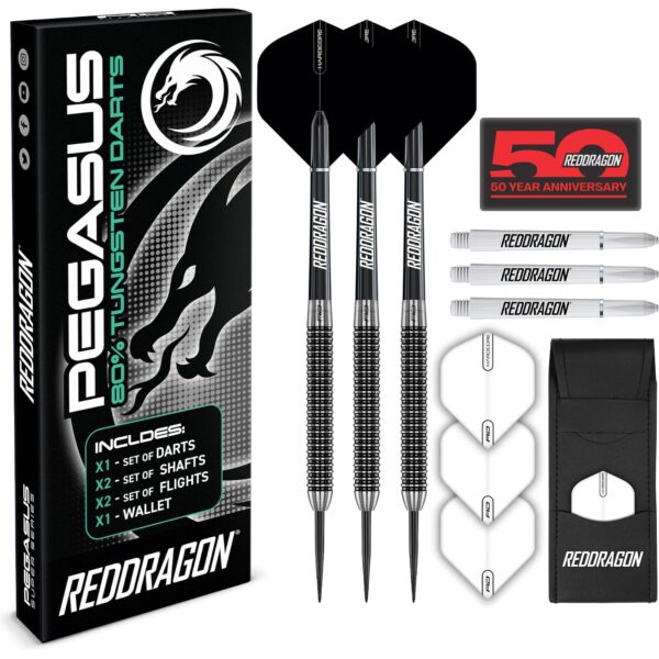 RED DRAGON Darts - Pegasus Profi 80% Tungsten Darts Set | Erhältlich mit Dartpfeile Metallspitze 21g, 23g, 24g, 25g, 26g, 28g, 30g Steeldarts | Dart Pfeile mit Flights, Schäften & Etui ORIGINAL 28G Schwarz