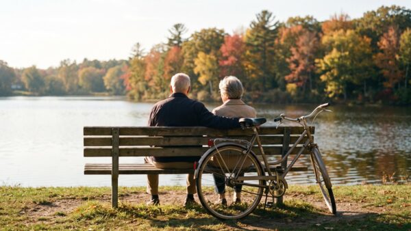 rentenalter bild 1 Älteres Paar von hinten auf einer Bank am See – Symbolbild für das Rentenalter in Deutschland