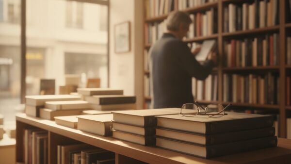 rentenalter bild 4 Grauhaarige Person von hinten beim Einsortieren von Büchern in einem Buchladen – Symbolbild für Arbeiten über das Rentenalter hinaus