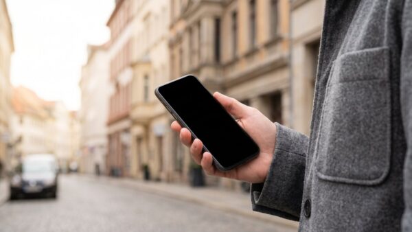 revolut mobile bild 1 Hand mit Smartphone vor einer unscharfen InnenstadtstraĂźe