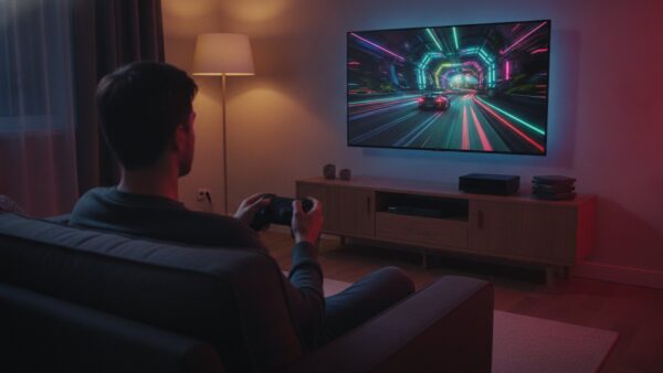 rgb mini led gaming 1600x900 1 Gaming am RGB-Mini-LED-Fernseher mit Controller auf dem Sofa