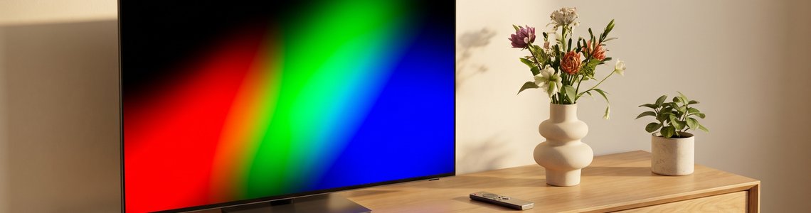 RGB Mini LED Fernseher mit rotem, grünem und blauem Farbverlauf im Wohnzimmer
