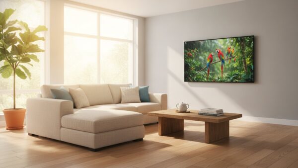 rgb mini led vs oled helles wohnzimmer 1600x900 1 RGB Mini LED vs OLED: Fernseher mit mattem Bildschirm im hellen Wohnzimmer