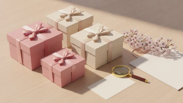 rituals black friday bild 2 Drei Geschenkboxen in Rosa und Creme mit Kirschblütenzweig und Lupe auf einem Holztisch