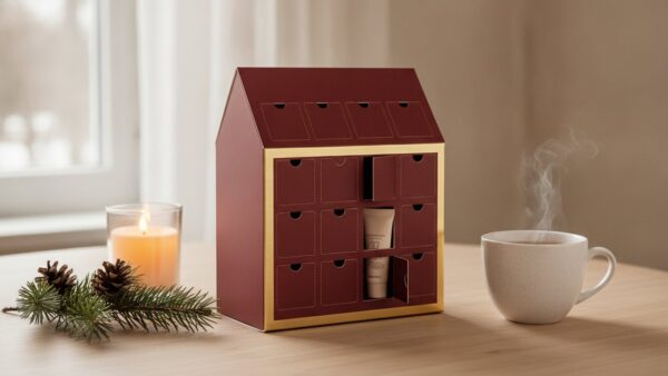 rituals black friday bild 3 Beauty-Adventskalender in Hausform mit geöffnetem Türchen neben Kerze und Tannenzweigen