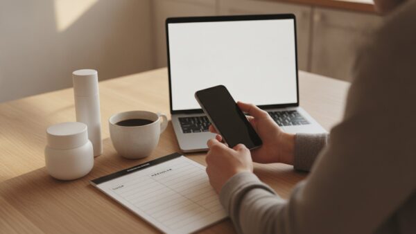 rituals black friday bild 4 Hände mit Smartphone neben Laptop, Pflegeflaschen und Notizblock „Shop“ und „Händler“