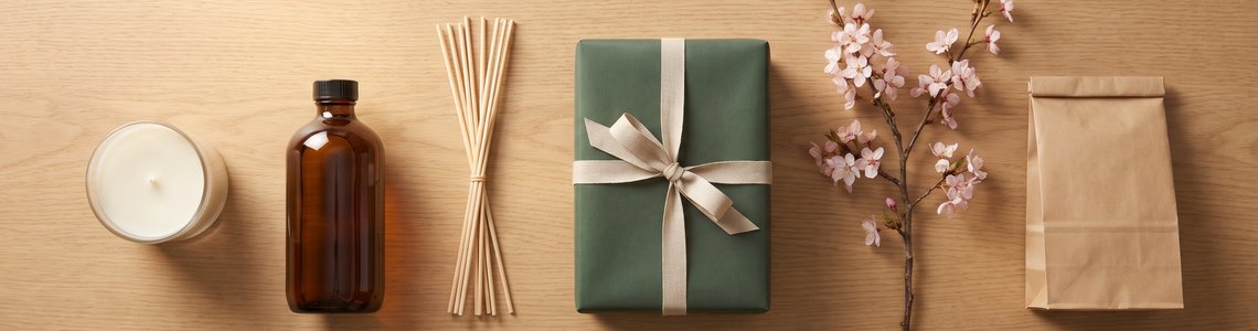 Duftkerze, Nachfüllflasche, Duftstäbchen und verpacktes Geschenk mit Kirschblütenzweig auf einem Holztisch